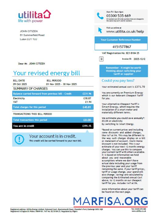 Blank United Kingdom Utilita Energy utility bill template in Word and PDF formats